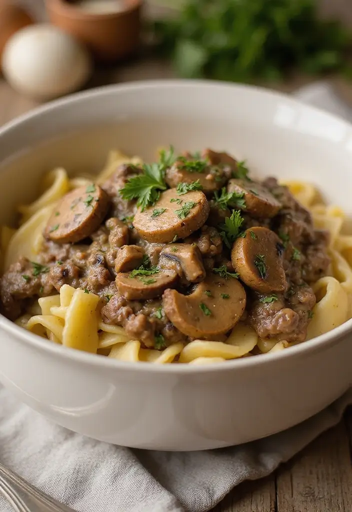 Crockpot Recipes with Ground Beef for Stress-Free Meals - 3. Creamy Ground Beef and Mushroom Stroganoff