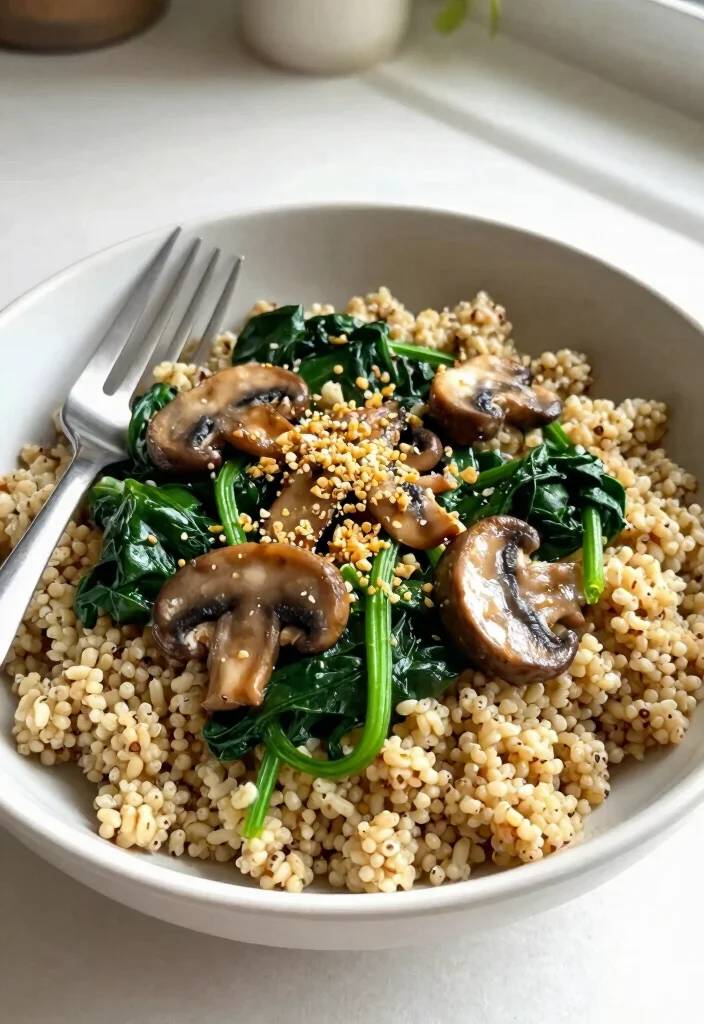 20 Easy Vegan Meal Prep Recipes to Save Time and Money - 7. Spinach and Mushroom Quinoa 1