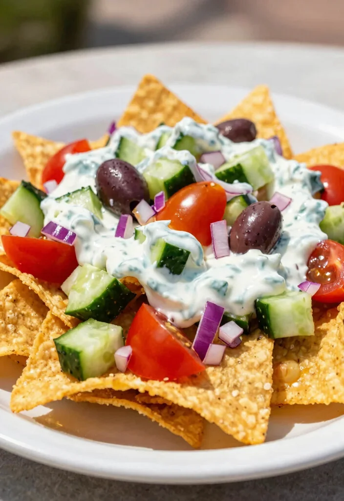 20 Loaded Vegan Nachos Recipes with Plant-Based Cheese - 10. Greek Nachos with Tzatziki Sauce 1