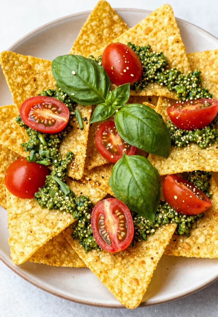 20 Loaded Vegan Nachos Recipes with Plant-Based Cheese - 17. Vegan Nachos with Pesto and Cherry Tomatoes 1