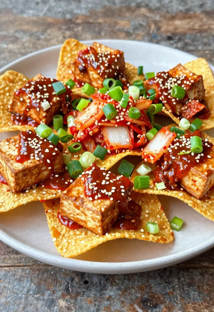 20 Loaded Vegan Nachos Recipes with Plant-Based Cheese - 8. Korean BBQ Nachos with Kimchi 1